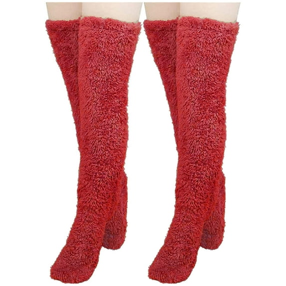 WREESH Women Fashion Thigh High Socks Over Knee Stockings High Fuzzy Socks Over Knee Winter Leg Warmers Plush Slipper Socks For Christmas Home Sleeping 2 Pairs Socks Red