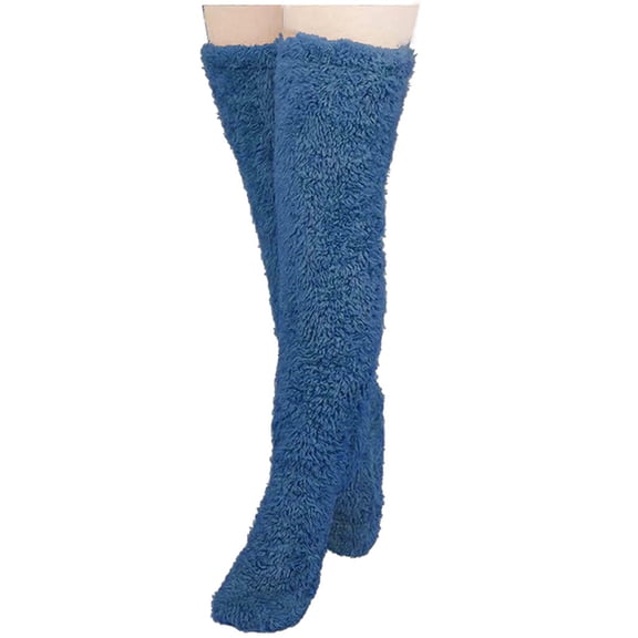 WREESH Women Fashion Thigh High Socks Over Knee Stockings High Fuzzy Socks Over Knee Winter Leg Warmers Plush Slipper Socks For Christmas Home Sleeping Blue