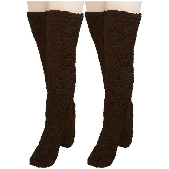 WREESH Women Fashion Thigh High Socks Over Knee Stockings High Fuzzy Socks Over Knee Winter Leg Warmers Plush Slipper Socks For Christmas Home Sleeping 2 Pairs Socks Brown