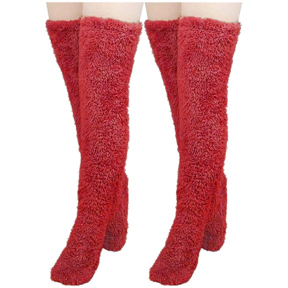 WREESH Women Fashion Thigh High Socks Over Knee Stockings High Fuzzy Socks Over Knee Winter Leg Warmers Plush Slipper Socks For Christmas Home Sleeping 2 Pairs Socks Red