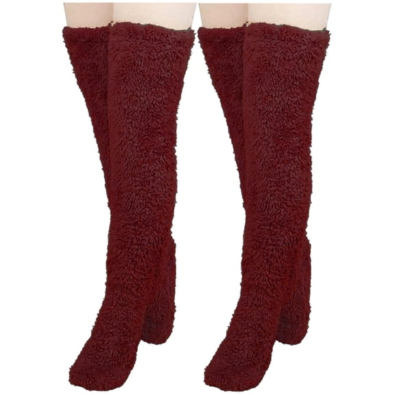 WREESH Women Fashion Thigh High Socks Over Knee Stockings High Fuzzy Socks Over Knee Winter Leg Warmers Plush Slipper Socks For Christmas Home Sleeping 2 Pairs Socks Wine