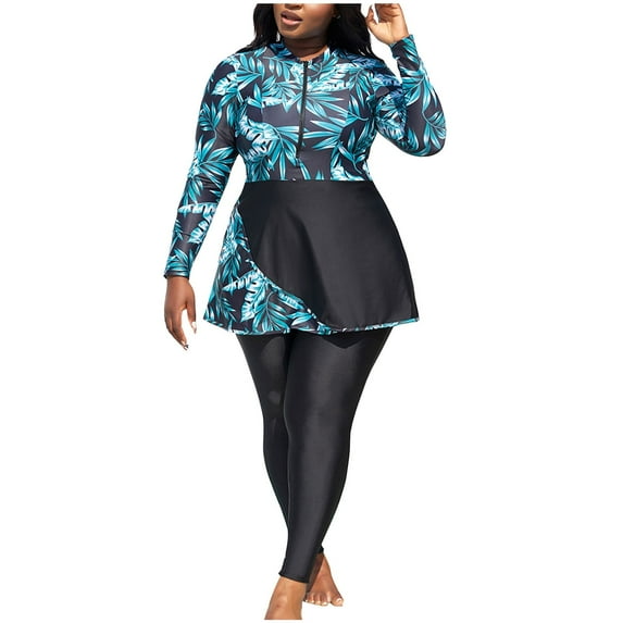 WREESH Women Plus Size Rash Guard Swimsuits Long Sleeve Half Zipper Swimdress with Pants (4XL)
