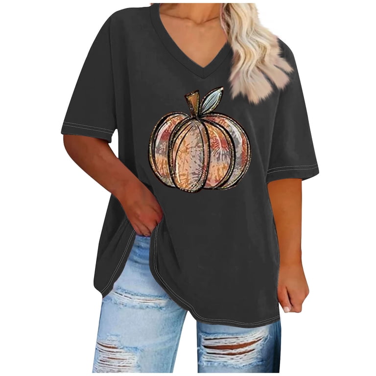 Women's Thanksgiving Shirt - Cute Pumpkin Graphic Tee, Casual Loose Short Sleeve Top For Fall & Holiday Parties
