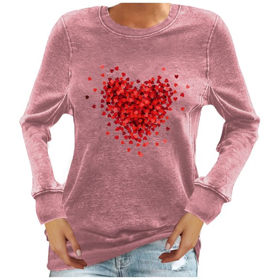 WREESH Womens Long Sleeve Shirts Heart Graphic T-Shirts Loose Casual Pullover Tunic Tops for Valentine's Day Style Watermelon Red