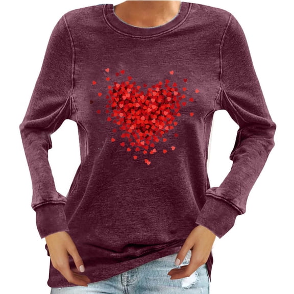WREESH Womens Long Sleeve Shirts Heart Graphic T-Shirts Loose Casual Pullover Tunic Tops for Valentine's Day Style Wine