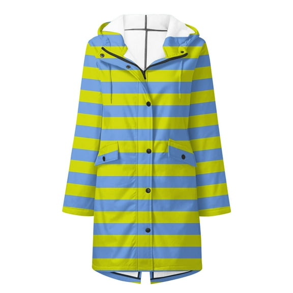 WREESH Women'S Windproof Hooded Rain Coats Plus Size Stripe Print Jackets Fleece-Lined Warm Winter Coats Travel Jackets Outwear Green