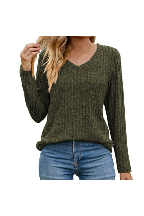 Women V Neck Long Sleeve Sweaters Loose Lightweight Tunic Tops Solid Color Fashion Pullover Tops Olive Green