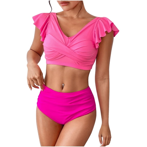 WREESH Women's 2-Piece High Waisted Swimsuit Set - V-Neck, Ruffle Sleeve, Tight Fit Hot Pink