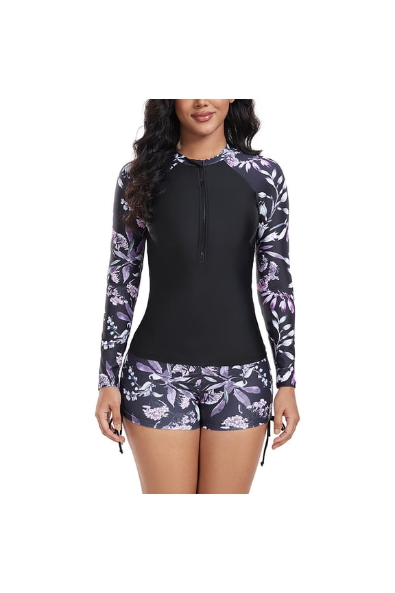 Women's 2-Piece Long Sleeve Rash Guard Swimsuit Set Upf 5+ Sun Protection Zipper Surf Suit with Boyshort Bottoms, Fit Swimwear for Surfing, Diving, Beach Activities Black