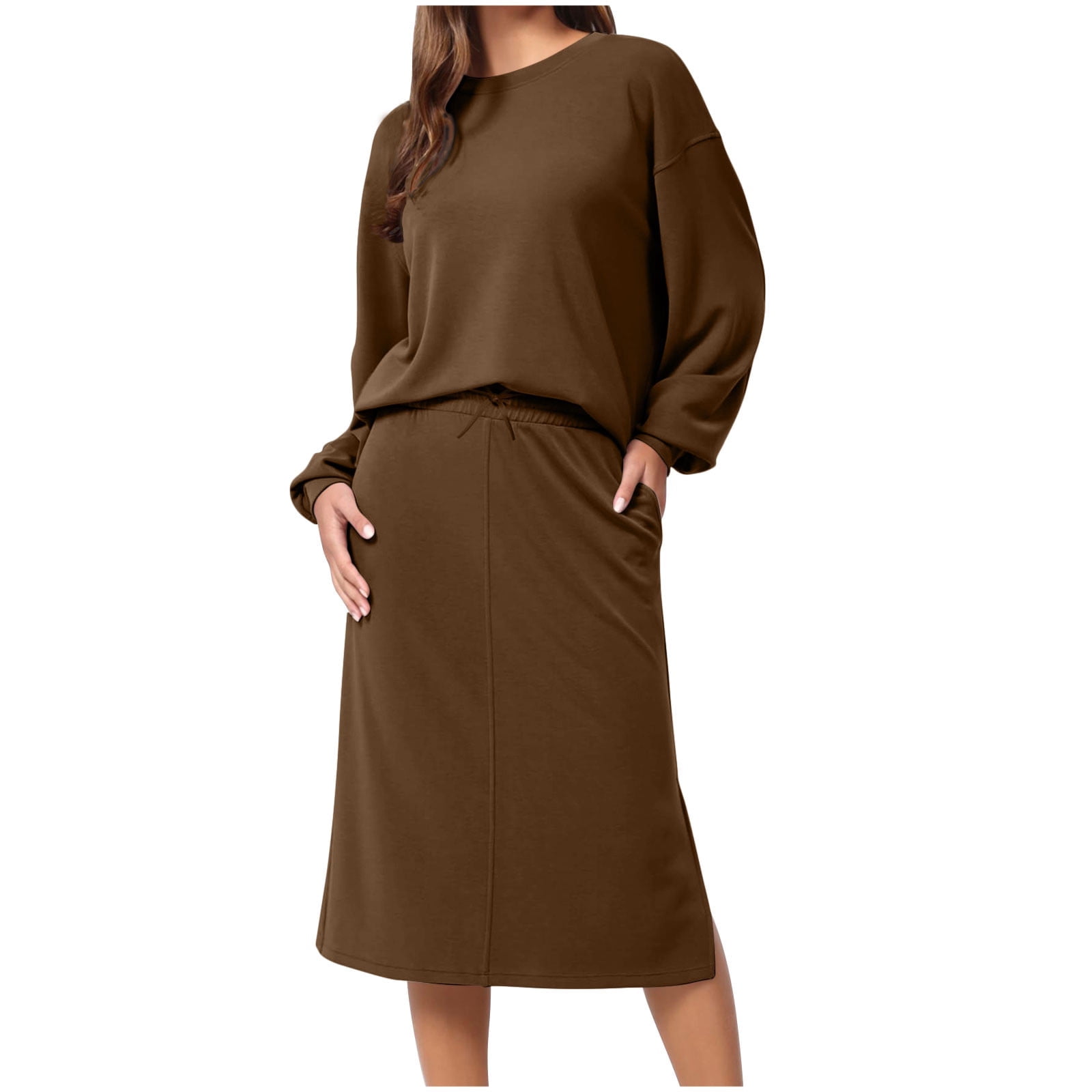 WREESH Women's 2025 Fall Solid Color Oversized Sweatshirt Skirt