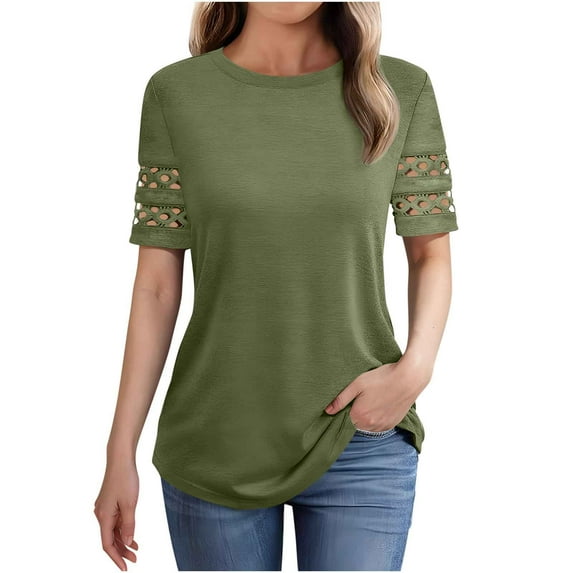 WREESH Women's Summer 2025 Casual Lace Tunic Top Short Sleeve Crewneck Blouse Breathable Solid Color Shirt for Office Vacation Dressy Fashion Tops