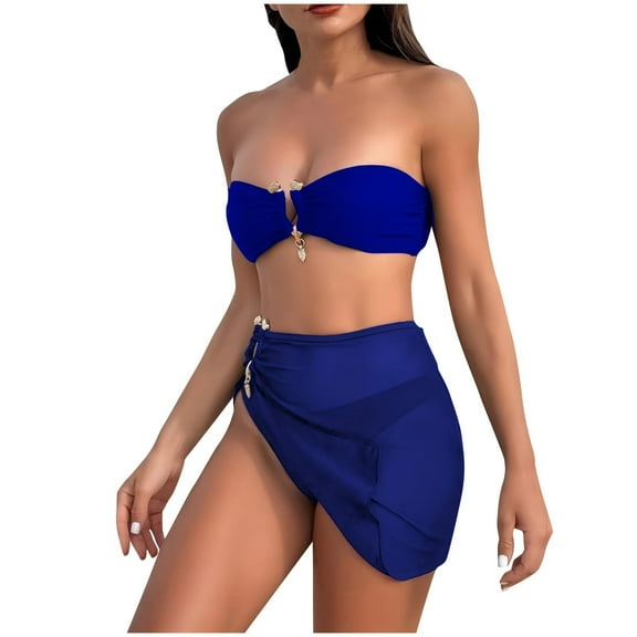 WREESH Women's 2025 Trendy 3-Piece Bikini Set Strapless Cheeky Swimsuit & Ruffle Skirt Cover-Up Blue