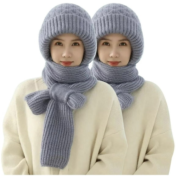 WREESH Women's 2Pc Windproof Beanie Integrated Ear Protection Cap Scarf 2 In 1, Warm Knitted Hat With Thickening Scarf Gray
