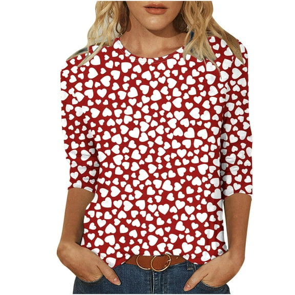 WREESH Women's 3/4 Sleeve T Shirts Valentine's Trendy Printed Blouses 2025 Spring Summer Casual Pullover Tops Red