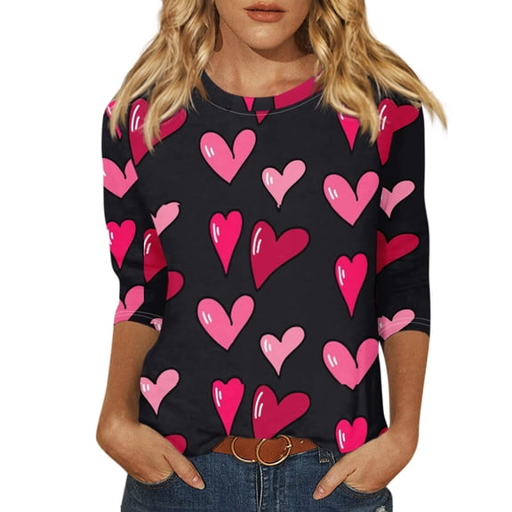 WREESH Women's 3/4 Sleeve Tops Valentine's Trendy Heart Printed Shirts Blouses Casual Summer Crew Neck T-Shirts Black