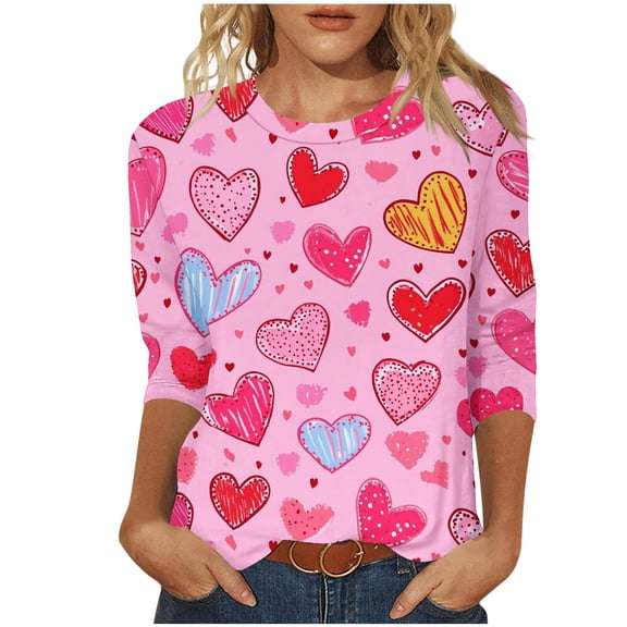 WREESH Women's 3/4 Sleeve Tops Valentine's Trendy Heart Printed Shirts Blouses Casual Summer Crew Neck T-Shirts Pink