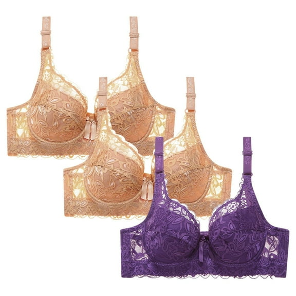 WREESH Women's 3 Pack Lace Bralette Push Up Soft Padded Bras Wireless Plunge Bra Adjustable Strap No Underwire Bras Comfortable Everyday Bra Underwear Khaki