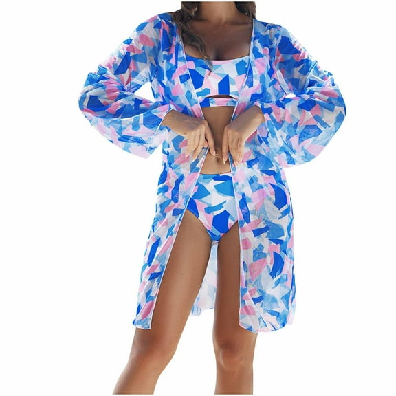 WREESH Women's 3-Piece Bikini Set with Kimono Cover-Up Long Sleeve Striped Maxi Cardigan & Open Front Beach Swimwear Purple