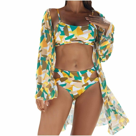 WREESH Women's 3-Piece Bikini Set with Kimono Cover-Up Long Sleeve Striped Maxi Cardigan & Open Front Beach Swimwear Yellow