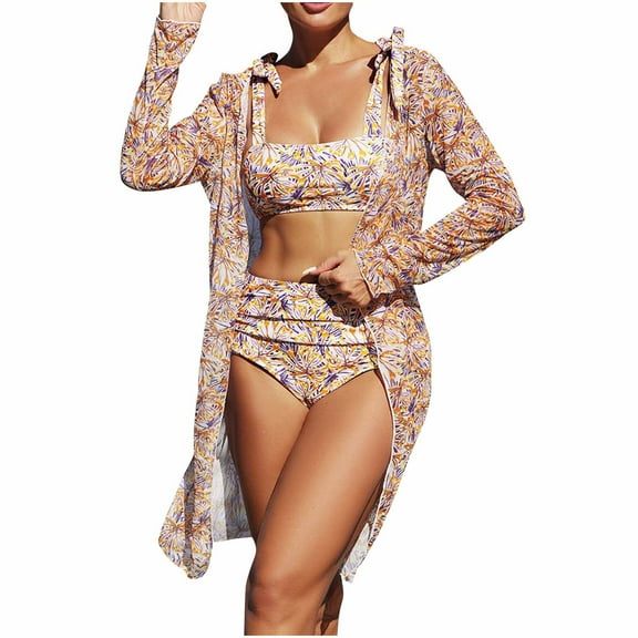 WREESH Women's 3-Piece Boho Floral Swimsuit Set , High-Waist Bikini & Kimono Cover-Up Quick-Dry Swimwear for Pool/Beach Beige