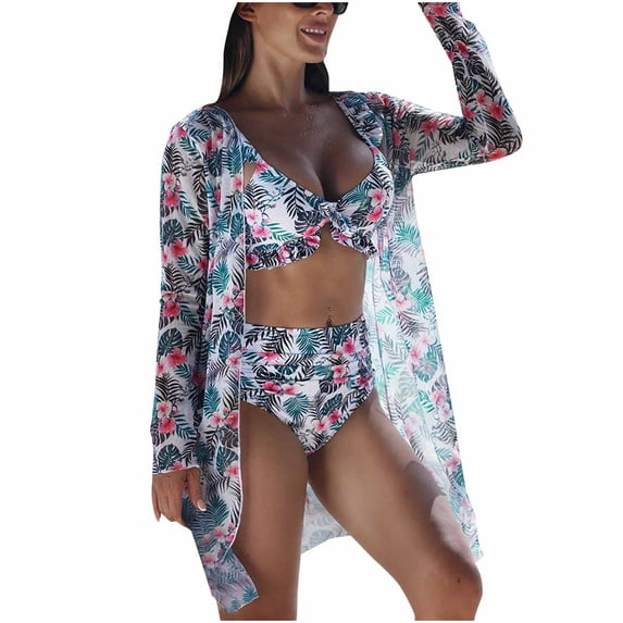 WREESH Women's 3-Piece Boho Floral Swimsuit Set , High-Waist Bikini & Kimono Cover-Up Quick-Dry Swimwear for Pool/Beach White