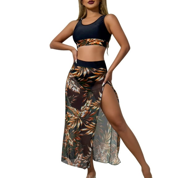 WREESH Women's 3-Piece Cover-Up Bikini Set High-Waisted Swimwear with Mesh Sarong Skirt 2025 Orange