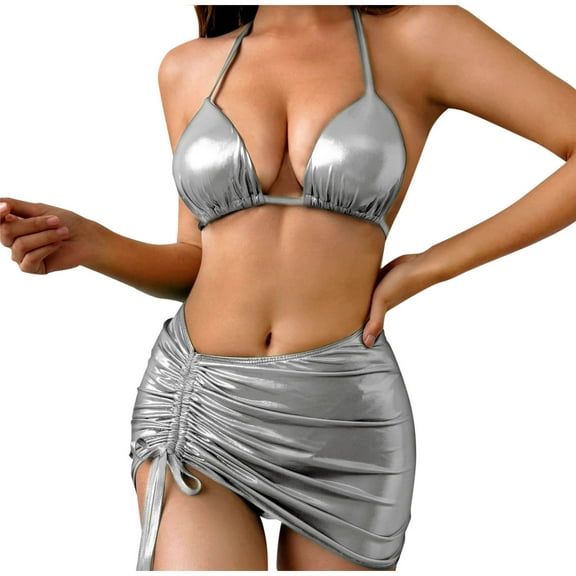 WREESH Women's 3-Piece Halter Bikini Set Holographic Drawstring Skirt & Ruched Cover-Up 2025 Silver