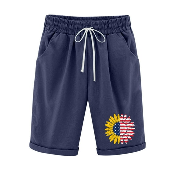 WREESH Women's 4th of July Bermuda Shorts Cotton and Linen Shorts Printed Elastic Waist Drawstring with Pockets Navy