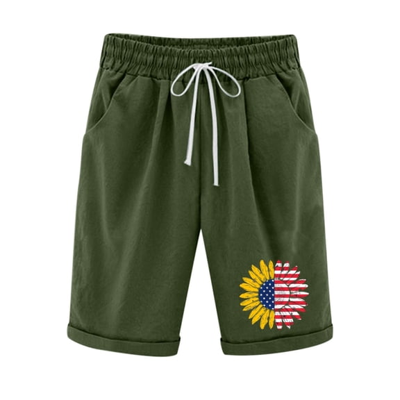 WREESH Women's 4th of July Bermuda Shorts Cotton and Linen Shorts Printed Elastic Waist Drawstring with Pockets Olive Green
