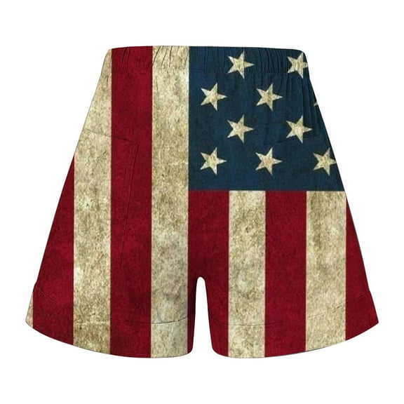 WREESH Women's 4th of July Shorts Drawstring Bandage Print Elastic Waist Casual Style Red