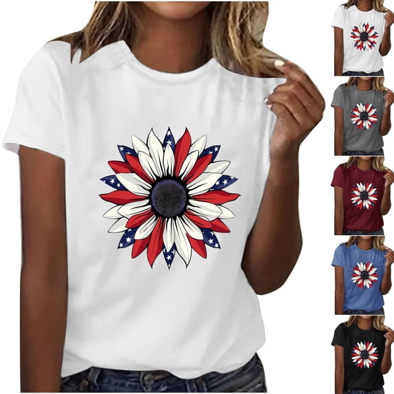 WREESH Women's 4th of July Sunflower T-Shirt Fashion Short Sleeve Blouse Crew Neck Summer Casual Style Gray
