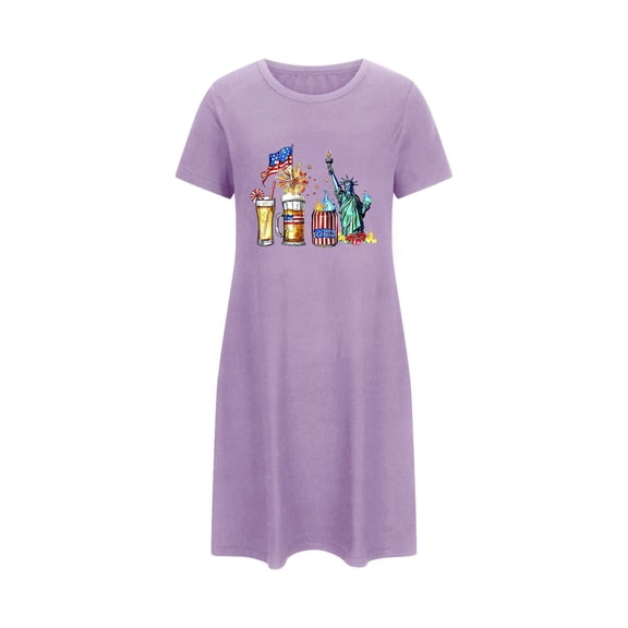 WREESH Women's 4th of July T-Shirt Dress Oversized Short Chest Print Crew Neck Summer Comfort Purple