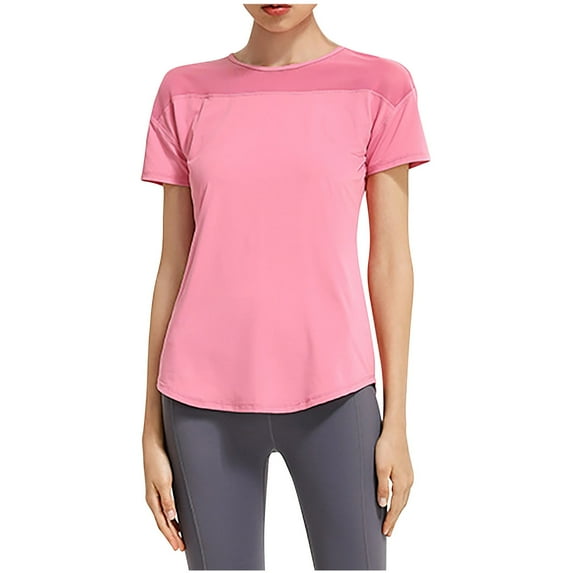 WREESH Women's Athletic Workout Shirts Solid Round Neck Quick-Drying Short Sleeve Gym T-Shirts Pink