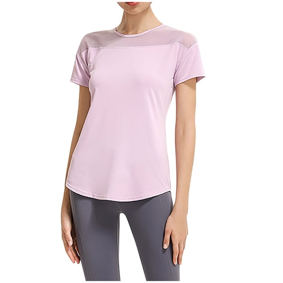 WREESH Women's Athletic Workout Shirts Solid Round Neck Quick-Drying Short Sleeve Gym T-Shirts Purple
