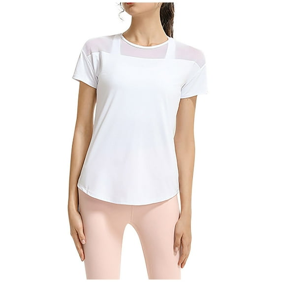 WREESH Women's Athletic Workout Shirts Solid Round Neck Quick-Drying Short Sleeve Gym T-Shirts White