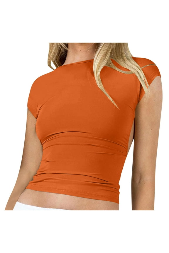 Women's Backless Short Sleeve Crop Tee Slim Fitting Crewneck Top with Solid Color for Fashion and Comfort Summer Orange