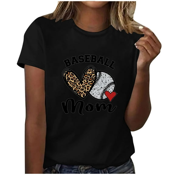 WREESH Women's Baseball Heart T-Shirts Short Sleeve Round Neck Graphic Tops Black
