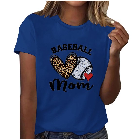 WREESH Women's Baseball Heart T-Shirts Short Sleeve Round Neck Graphic Tops Blue