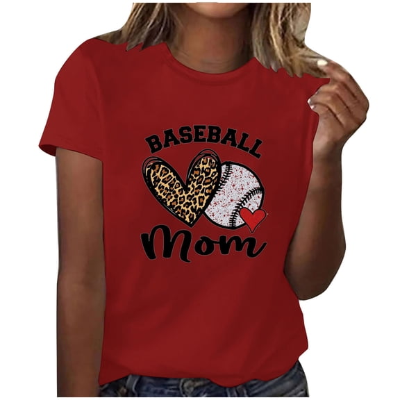 WREESH Women's Baseball Heart T-Shirts Short Sleeve Round Neck Graphic Tops Wine
