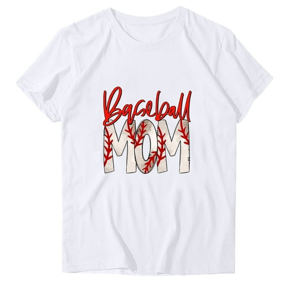 WREESH Women's Baseball Mom Graphic Tee Casual Round-Neck Printed Short Sleeve Blouse White
