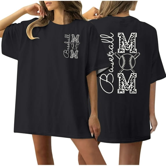WREESH Women's Baseball Mom Shirt Front and Back Printed Round Neck Short Sleeve T-Shirt Black