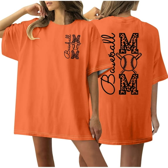 WREESH Women's Baseball Mom Shirt Front and Back Printed Round Neck Short Sleeve T-Shirt Orange