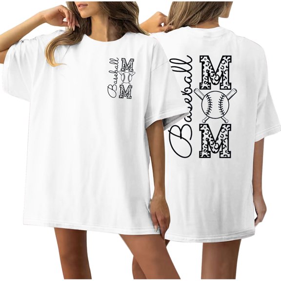 WREESH Women's Baseball Mom Shirt Front and Back Printed Round Neck Short Sleeve T-Shirt White