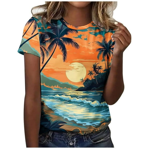 WREESH Women's Beach Vacation Short Sleeve T-Shirt Hawaiian Palm Tree Print Top Orange