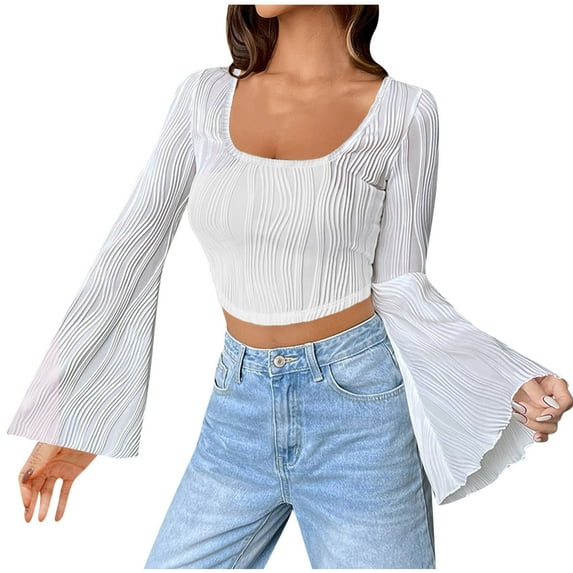WREESH Women's Bell Sleeve Crop Top Casual Comfortable Solid Long Sleeve Tops Fashion U-Neck Top White