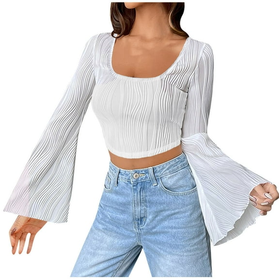 WREESH Women's Bell Sleeve Crop Top Casual Comfortable Solid Long Sleeve Tops Fashion U-Neck Top White
