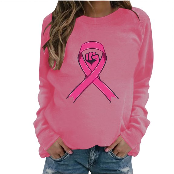 WREESH Women's Breast Cancer Awareness Sweatshirt Hand Pink Ribbon Graphic Long Sleeve Casual Top Hot Pink