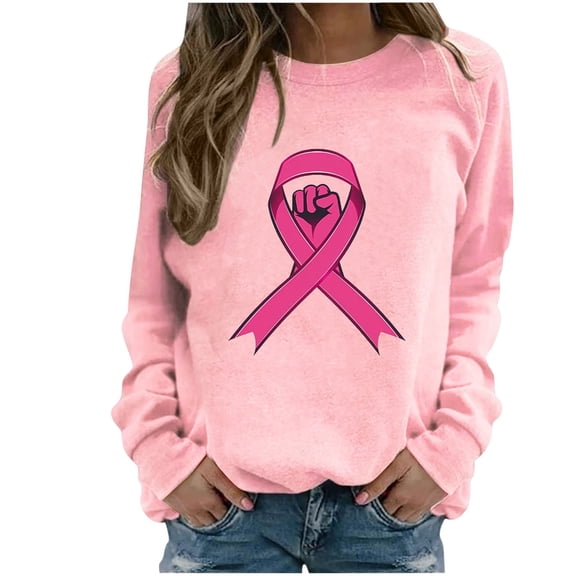 WREESH Women's Breast Cancer Awareness Sweatshirt Hand Pink Ribbon Graphic Long Sleeve Casual Top Pink