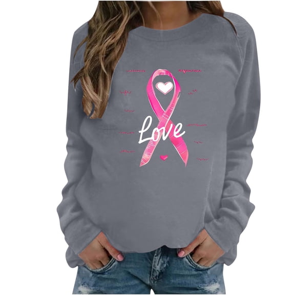 WREESH Women's Breast Cancer Awareness Sweatshirt Long Sleeve Love Letter Graphic Casual Top Gray