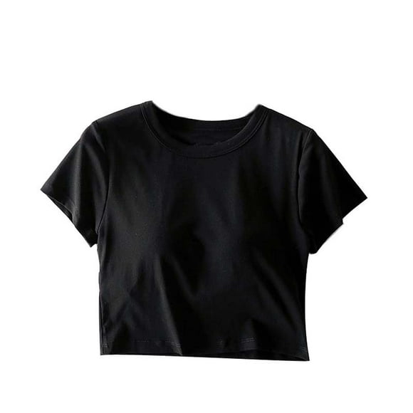 WREESH Women's Built-In Bra Workout Tops Short Sleeve Crop Top with Slim Fitted, Chest Pad, and Solid Color for Versatile Wear Black